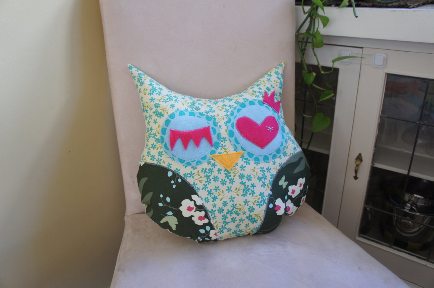 Large Lucky Owl Decorative Pillow -  blue flowers - Ready to ship