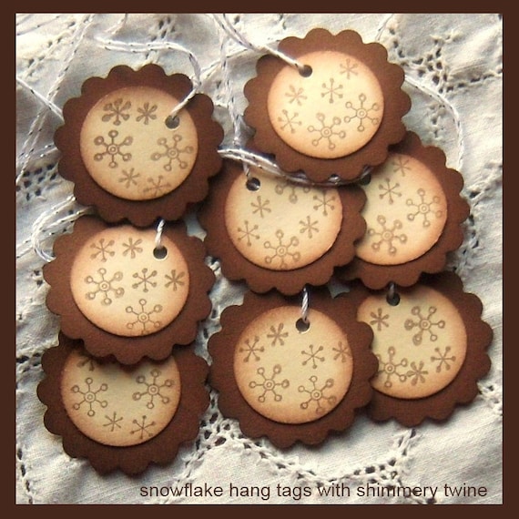 Snowflake Hang Tags - Brown, Scalloped, Vintage Inspired, Hand Stamped, Aged