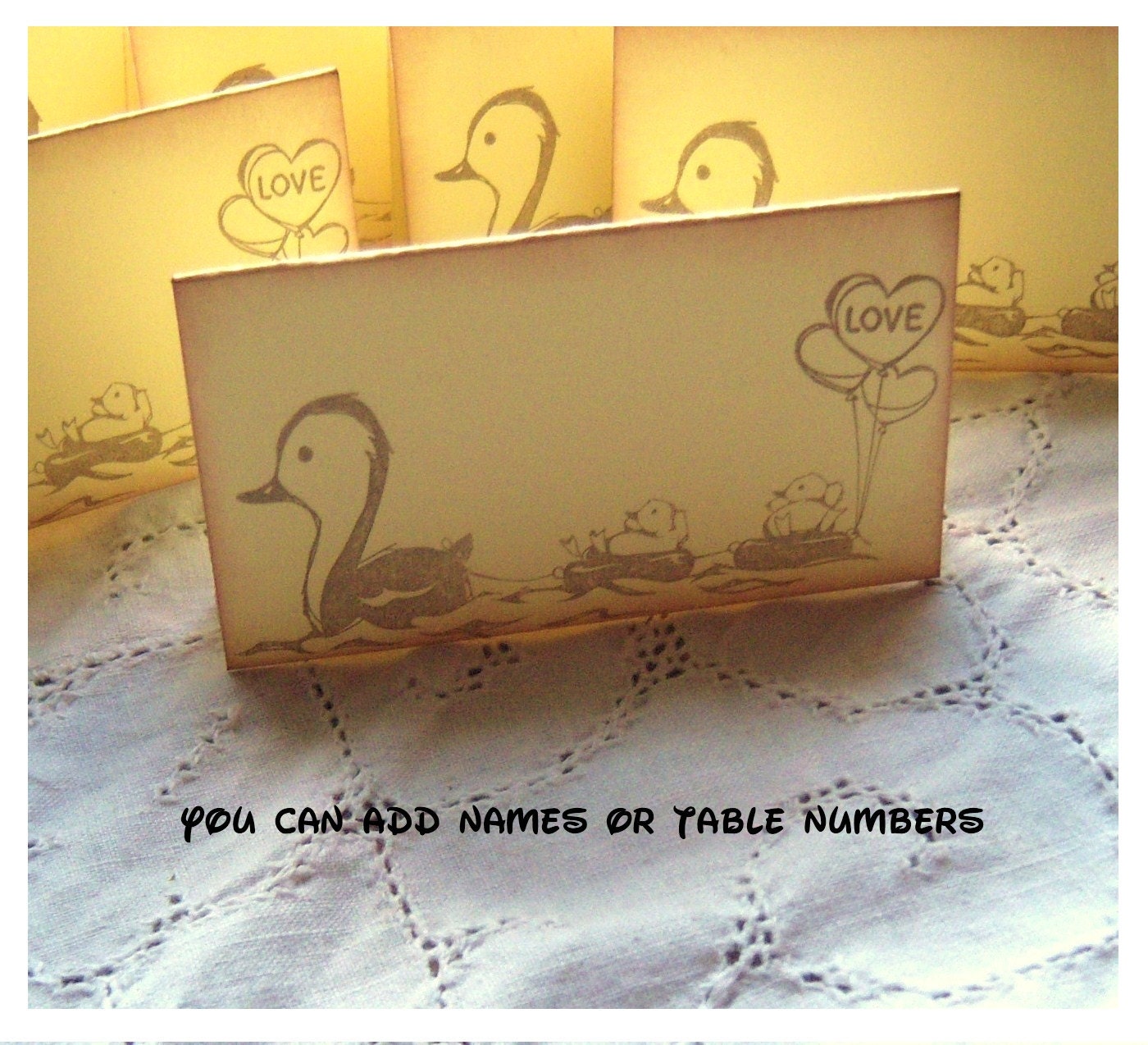 Duck Place Cards - Vintage Inspired Yellow - Hand Aged Stamped - Love