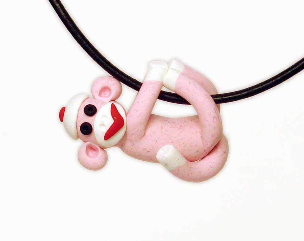 Sock Monkey Pendant Hand Sculpted Pink Girl in Polymer Clay
