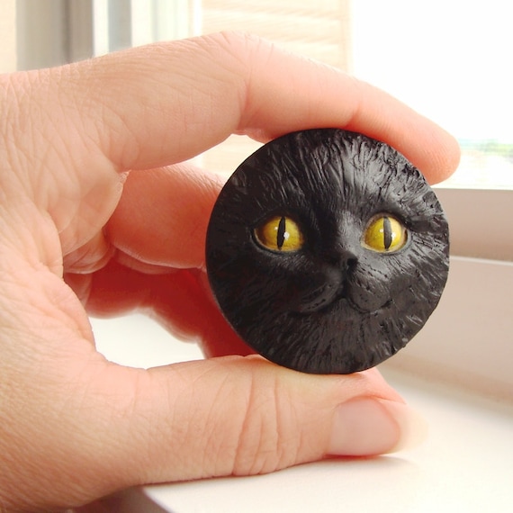 Black Cat Halloween Art Doll Face Cab Gold Eyes Round 40mm Goddess Kitty Head 2250 polymer clay