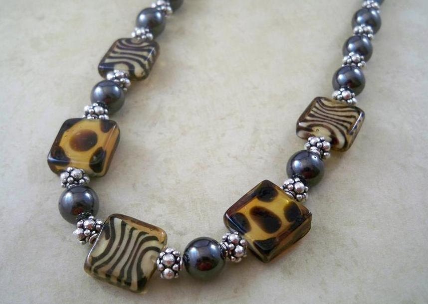 Hematite Necklace, Magnetic, with Tiger Print Glass Beads