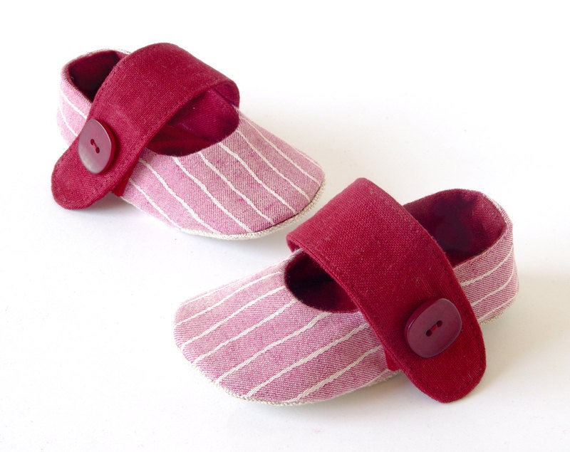 Baby girl booties - pink baby girl shoes, soft sole vegan ballet flats for girls, pink stripes & bordeaux linen