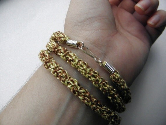 Crohet bracelet made of cotton yellow and brown color