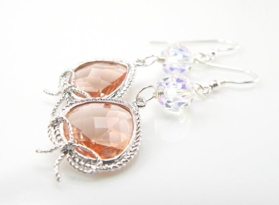 Pink Glass Crystal Bow Earrings, Swarovski Crystal, Sterling Silver, Elegant, Handmade Earrings
