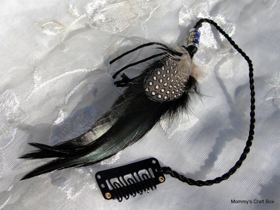 Feather Hair Wrap Extension - Clip on - Black, with Natural Feathers on an Extension clip, with a Mood Bead