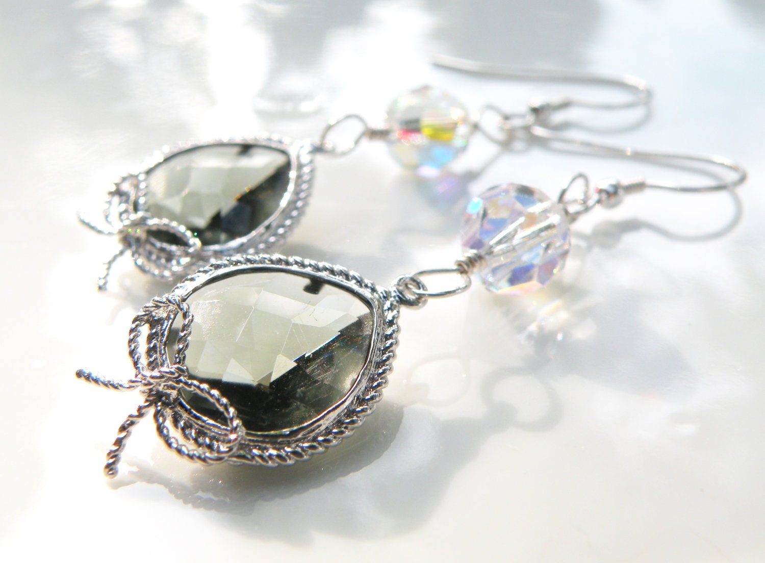 Black Glass Crystal Bow Earrings, Swarovski Crystal, Sterling Silver, Elegant, Handmade Earrings