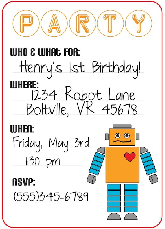 Robot Party Invitation Fill In Print Your Own - 4 x 6 or 5 x 7 - Customizable - Matching Party Supplies