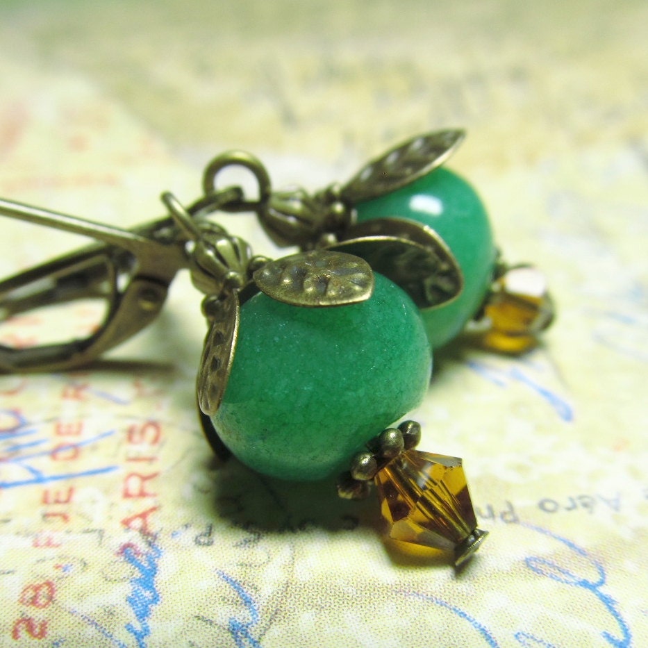 Green Jade Earrings, Amber Crystal & Brass with Green Jade Beads