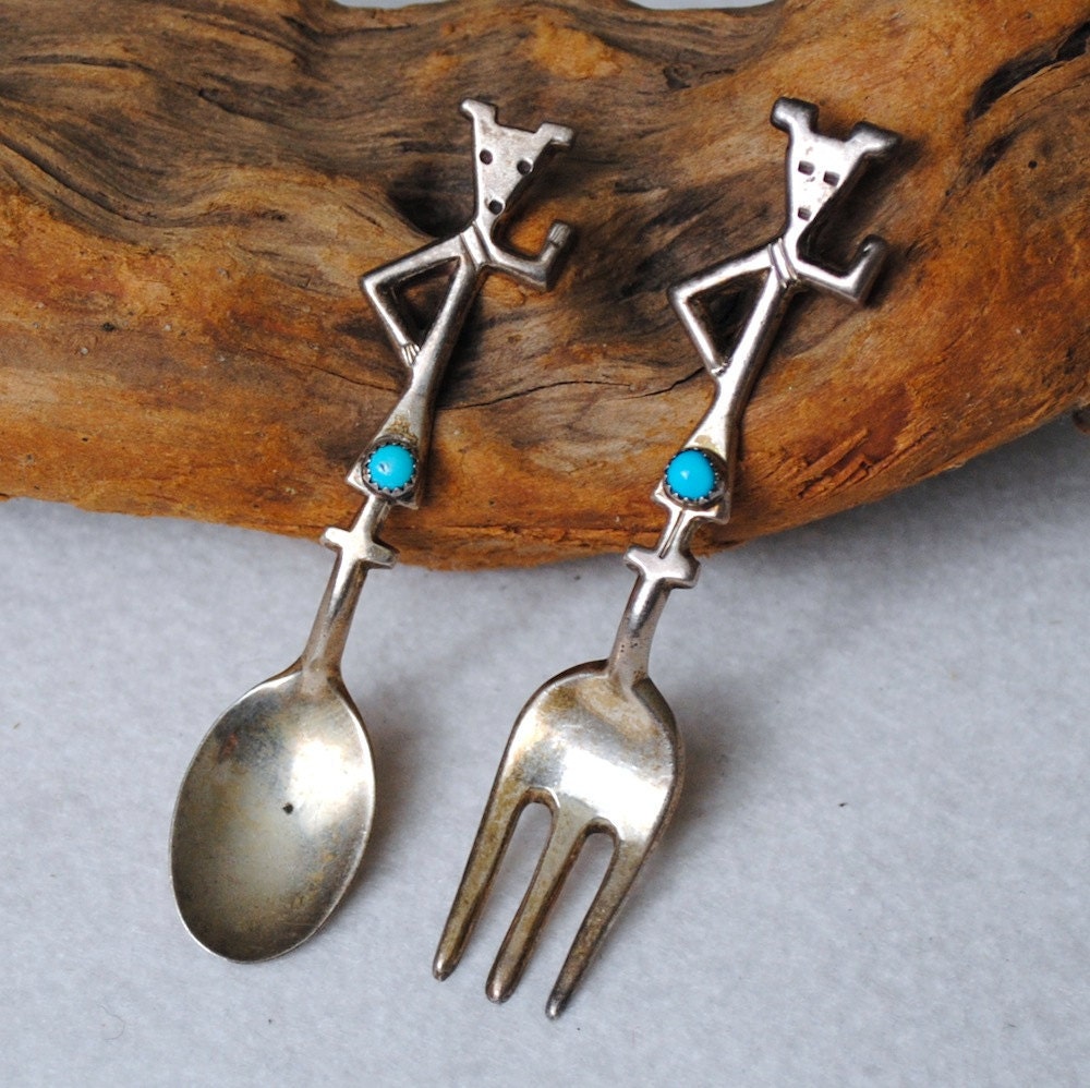 Kachina Silver Spoon Fork Baby Keepsake Native American Vintage Set Spoon Fork with Blue Turquoise