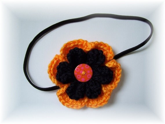 Crocheted Flower Headband Black Orange with Button