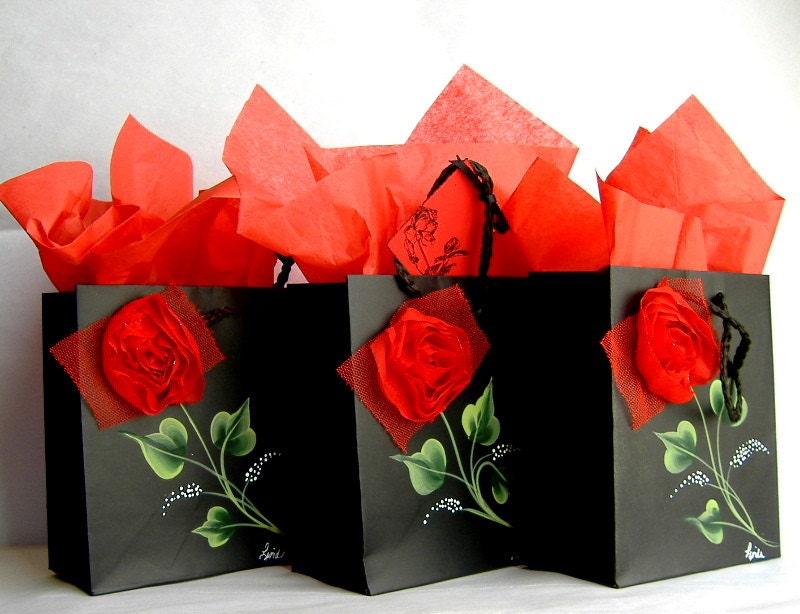 Set of Black Keepsake Gift Bags with Handpainted Leaves, Red Fabric Flowers, Gift Tags