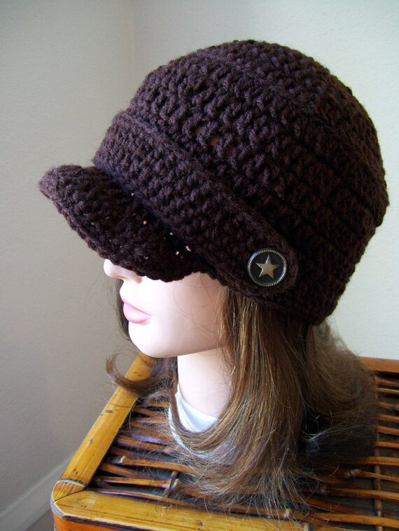 Newsboy Hat Crocheted With Star Buttons Coffee