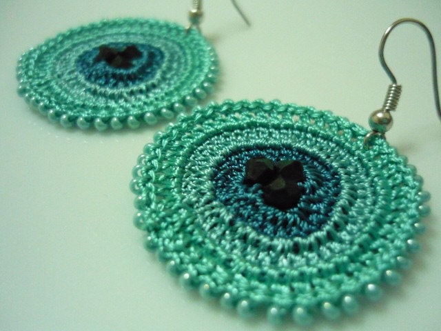 In The Deepest Crocheted Earrings in teal, blue and aqua