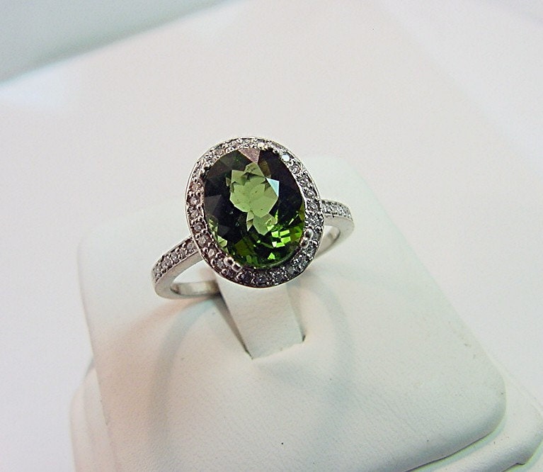 2.81 Carat 10 X 8mm. Natural Chrome green Tourmaline set in a 14k White gold ring with diamonds (.33ct) 0327