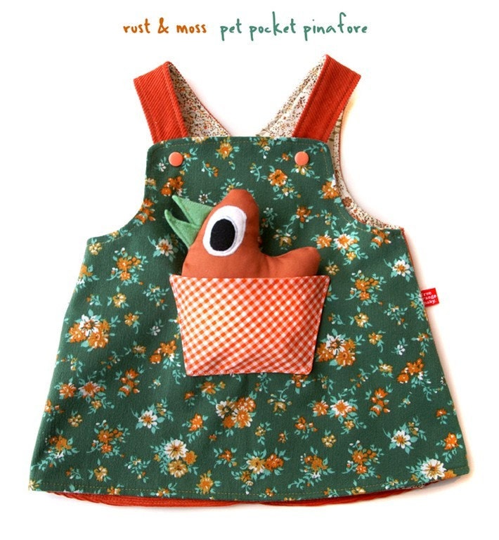 Rust and Moss - little girls pet pocket pinafore dress, 3m-4T