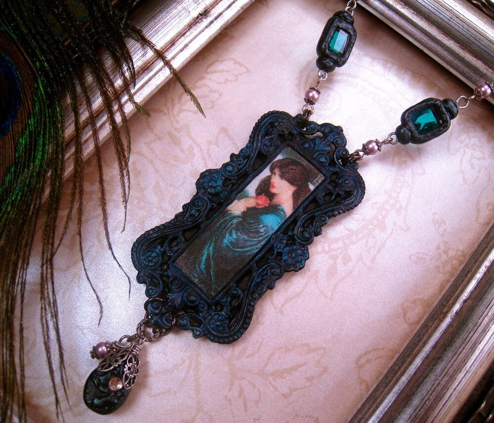 Alluring Victorian / Pre Raphaelite Inspired Clay Portrait Necklace with Vintage Jewels - Proserpine - FREE SHIPPING WORLDWIDE