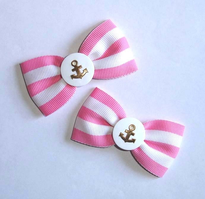 Pink Candy Striped Hair Bows with Anchors