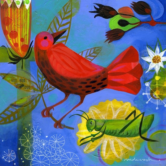 Red Bird and Grasshopper ORIGINAL painting