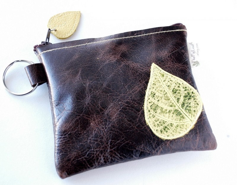 Leather Clutch - Real Leaf Imprinted on Sunshine Yellow over Deep Espresso with Leaf Pull