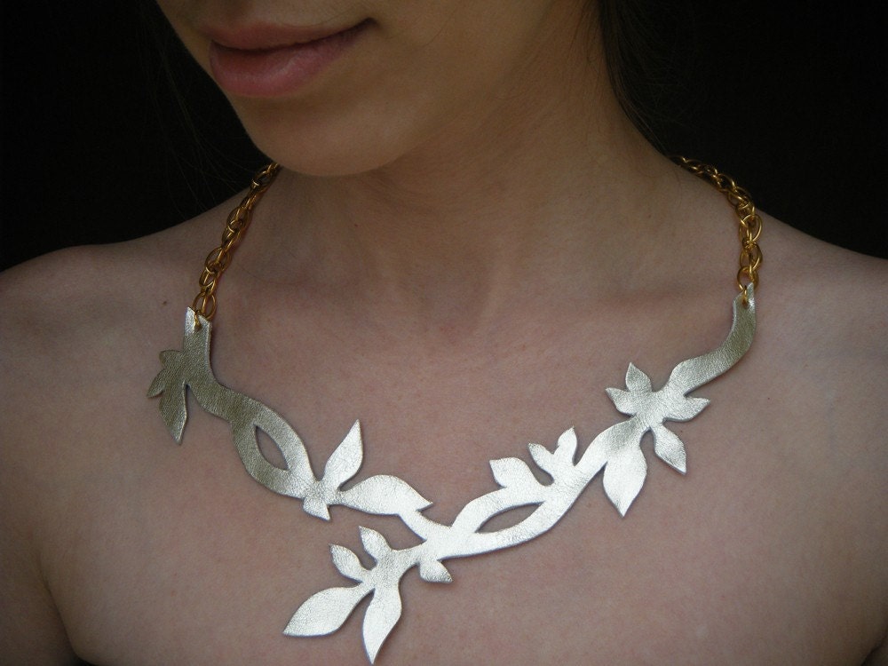 Twig leather necklace, unique twig and leaves necklace, made of champagne gold color genuine leather, and gold color chain