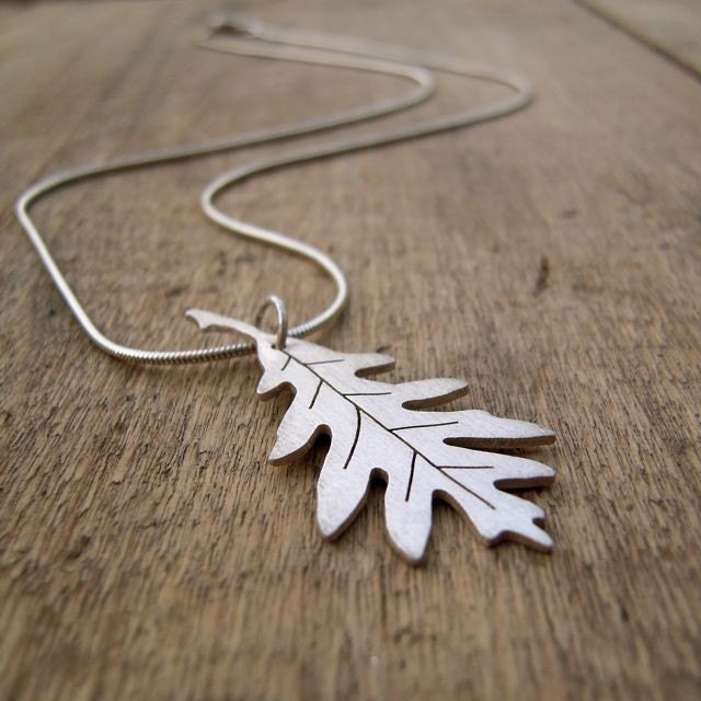 WHITE OAK -hand-cut sterling silver oak leaf pendant with sterling silver snake chain