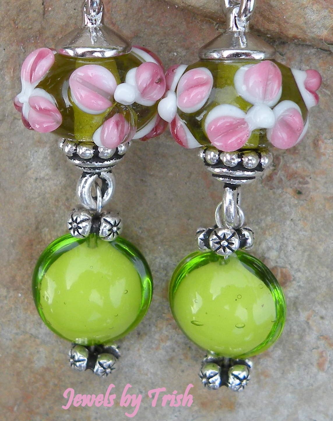 Pink and Green Flower Lampwork Glass Dangle Earrings