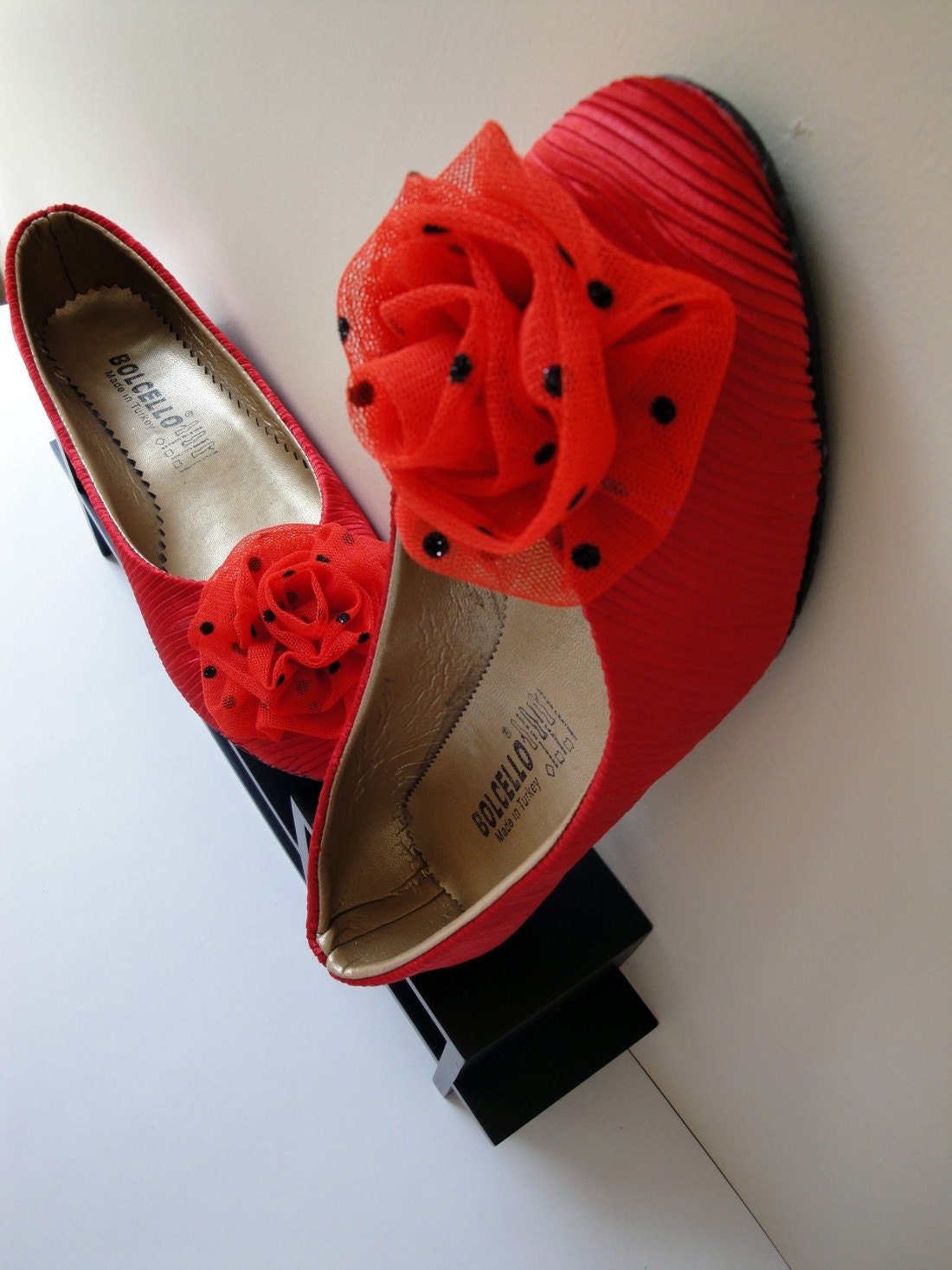 Red Folded Satin Flat Shoes Embellished with Red Tulle Black Dots Flower (10) by cheerfulrosette