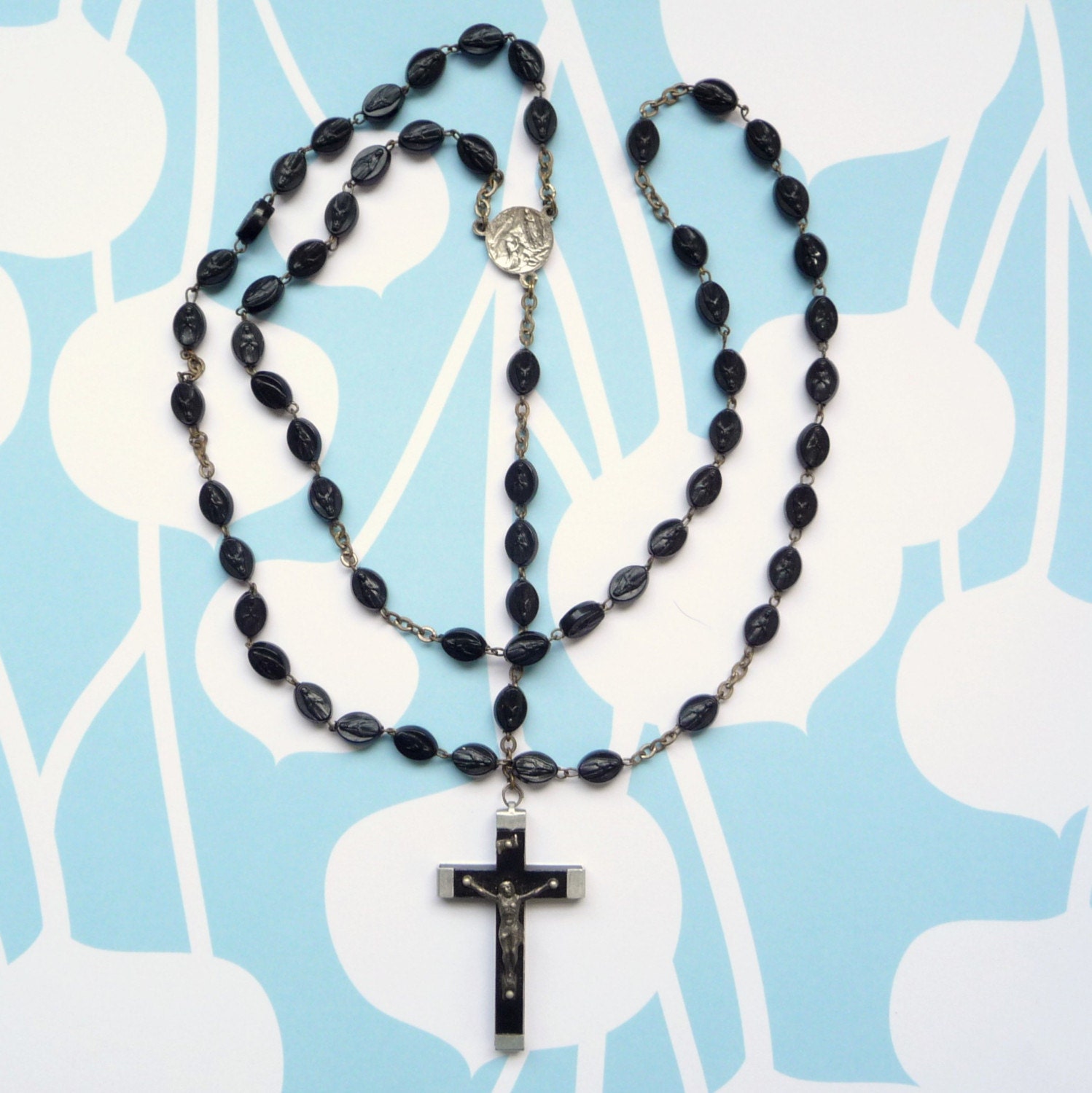 Vintage Black Rosary with Lourdes Water Reliquary and Virgin Mary Beads
