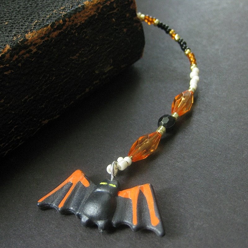Beaded Halloween Bookmark with Black Vampire Bat Charms
