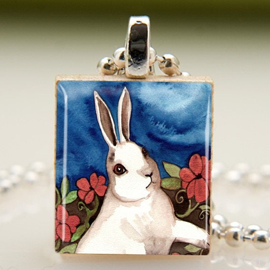 Portrait of a Bunny Scrabble Tile Pendant with Necklace (448)