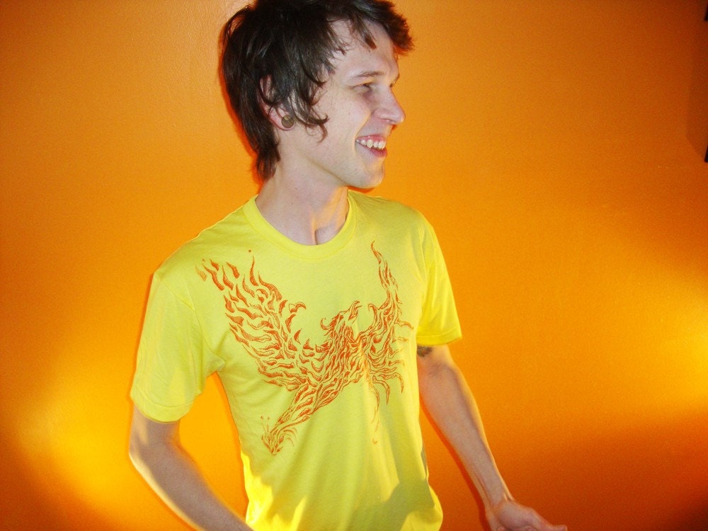 Orange Phoenix screenprint on Bright Yellow Tshirt