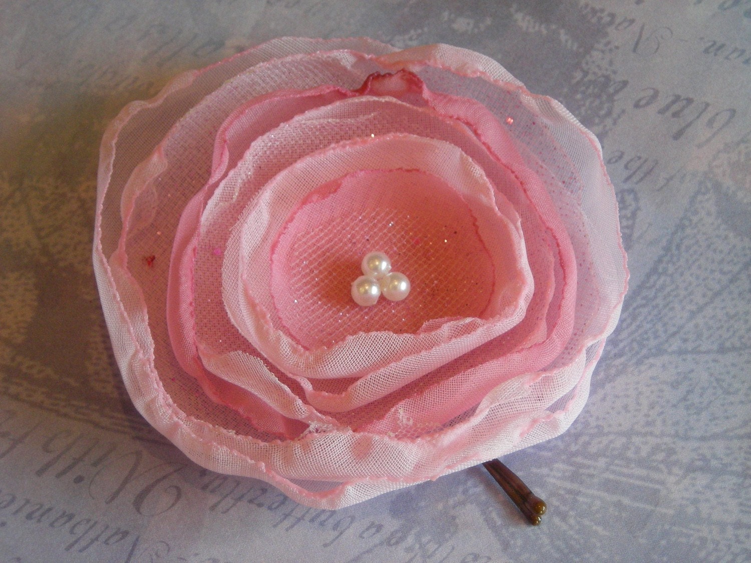 Sale - Pink sparkle fabric flower hair pin