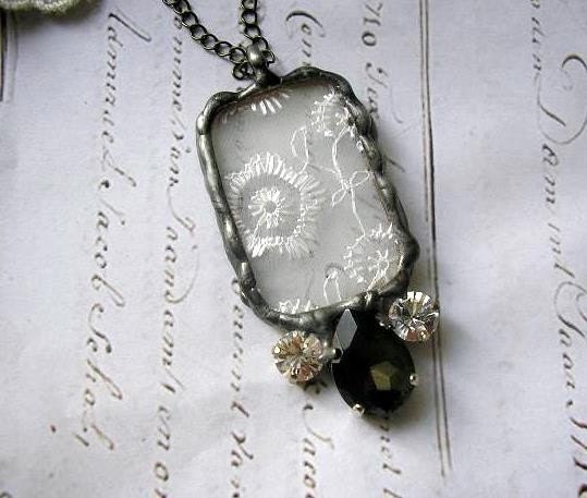 The princess ...  long Necklace Elegant Stained Glass and antique Lace Soldered Pendant