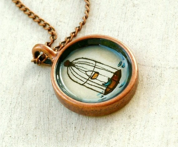 hand painted necklace, original watercolor pendant, copper, The Birdcage