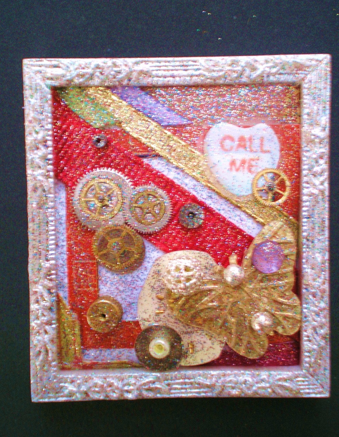 DEPARTURE - Tiny Collage Mixed Media OOAK Framed Signed with Jewels Gold Butterfly Heart Ribbon Watch Parts