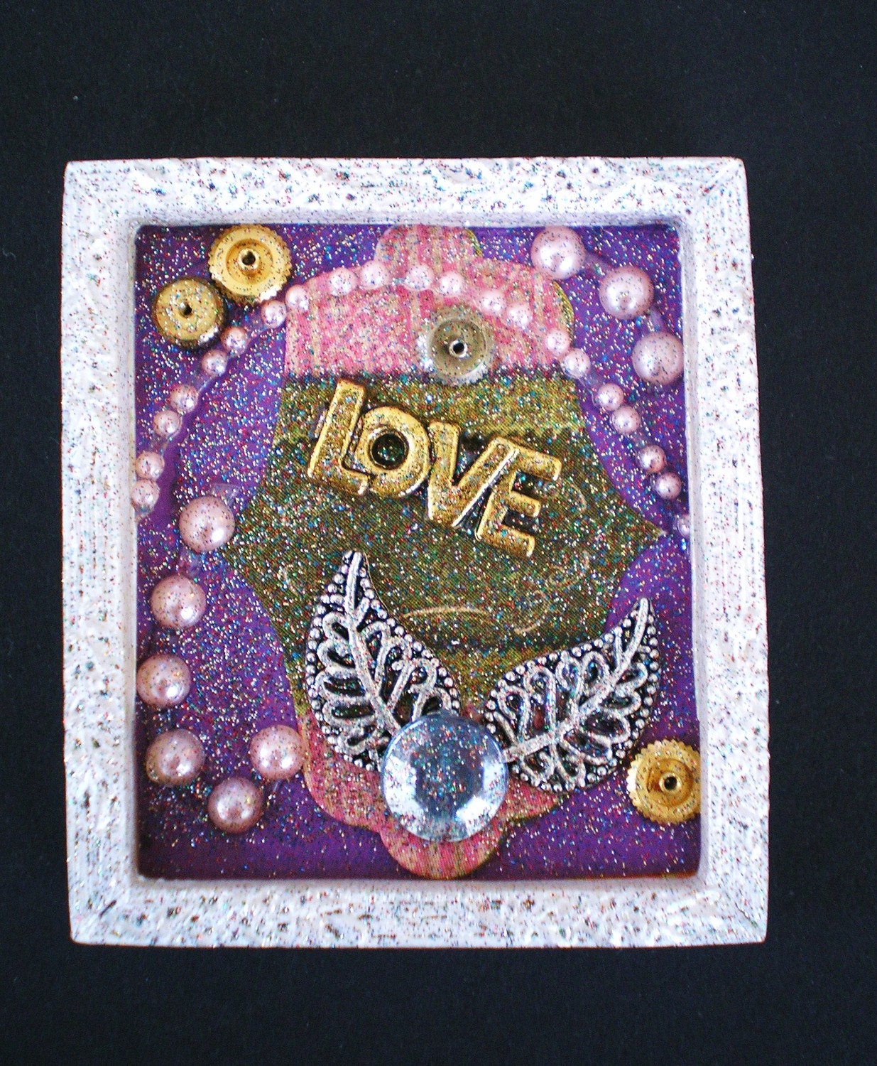It's Only Love  - Tiny Collage Mixed Media OOAK Framed Signed with Beads Paper Watch Parts