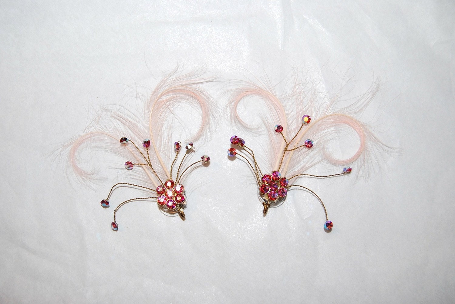 Vintage Pink Feather and Rhinestone Earrings