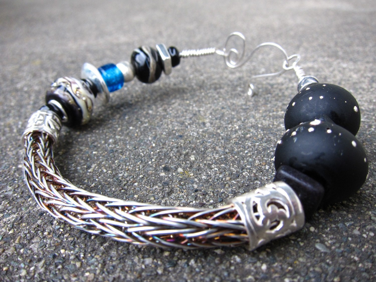Into the Night, Sterling silver viking knit bracelet with black lampwork beads