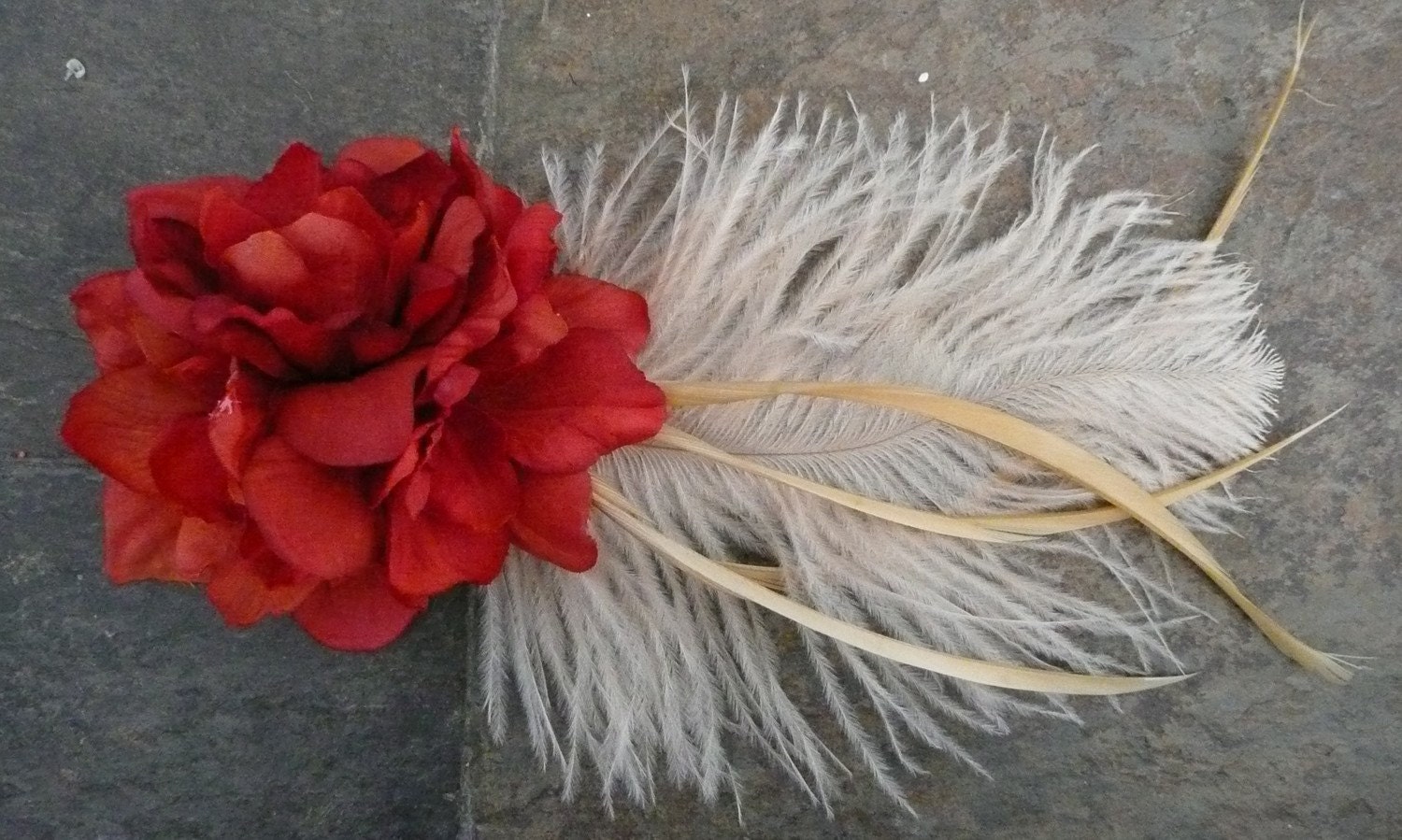 Simone: Bundle of Delphinium w/ a Della Fantasia feather. In Red w/ Cream or Cream w/Plum- Free Worldwide Shipping