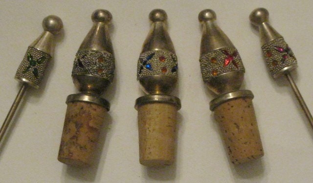 Set of Silver Plated,Glass Encrusted Bottle Stoppers Made in France