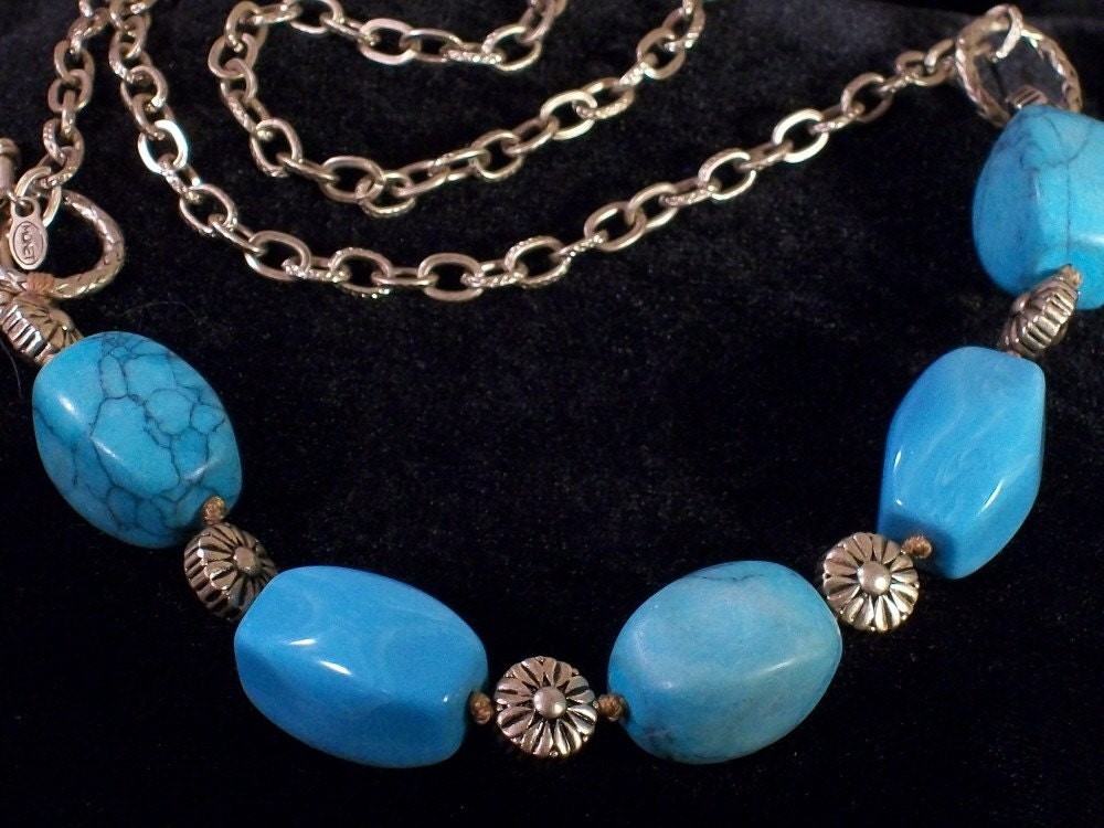 Vintage Monet Turquoise and Goldtone Chain Necklace, Southwest, Great Mother's Day Gift