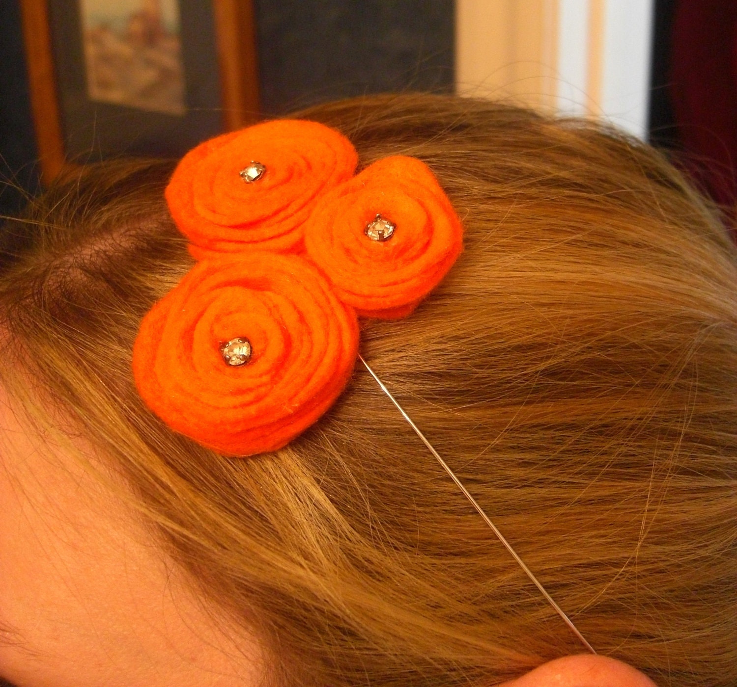 Triple orange felt flowers with vintage rhinestones Headband  It can also be worn in an updo and as a necklace.
