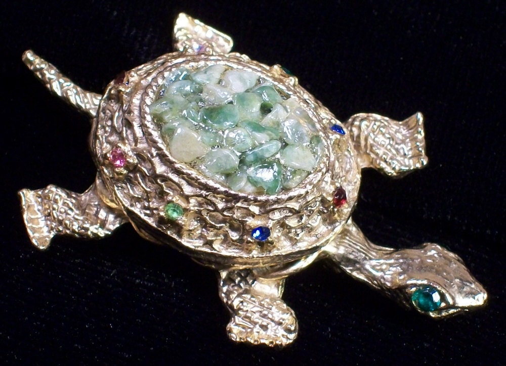 Vintage Turtle Brooch Pin Agate Rhinestone Goldtone Ornate