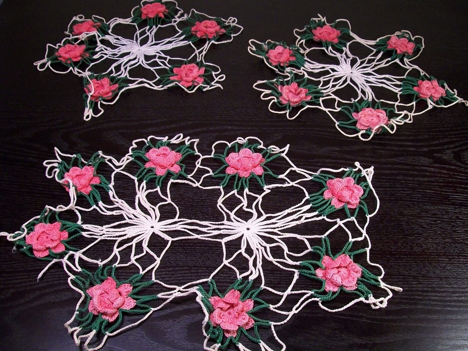 Vintage Crocheted Doilies Magenta Pink Roses Lacey Set of Three 3 Handmade