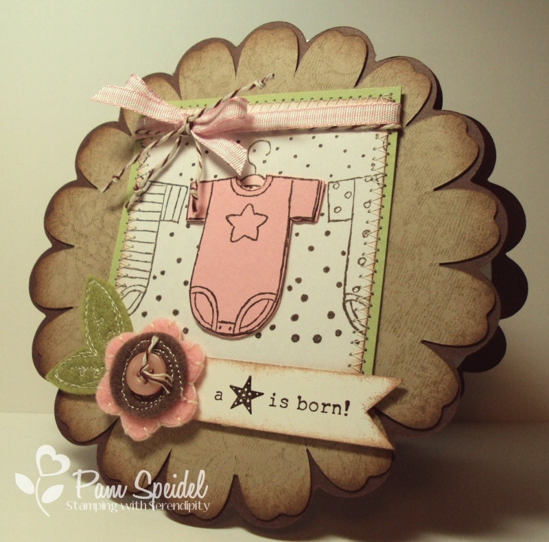 Handstamped Stitched Baby Girl Congratulations Card