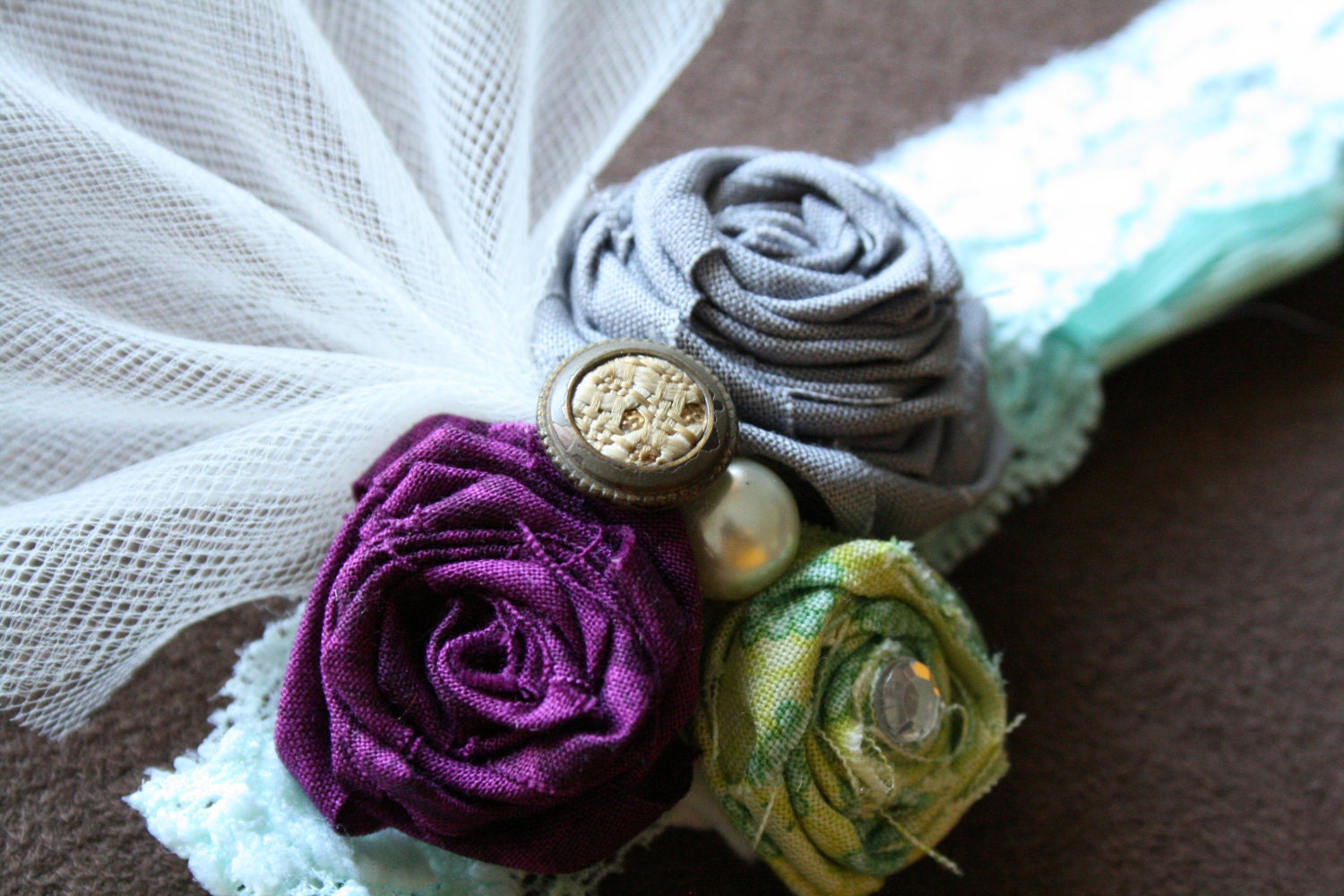 New Flowers, Rosettes & Vintage Buttons on Lace Band-Great for Baby, Newborn, Toddlers, Girls, Teens
