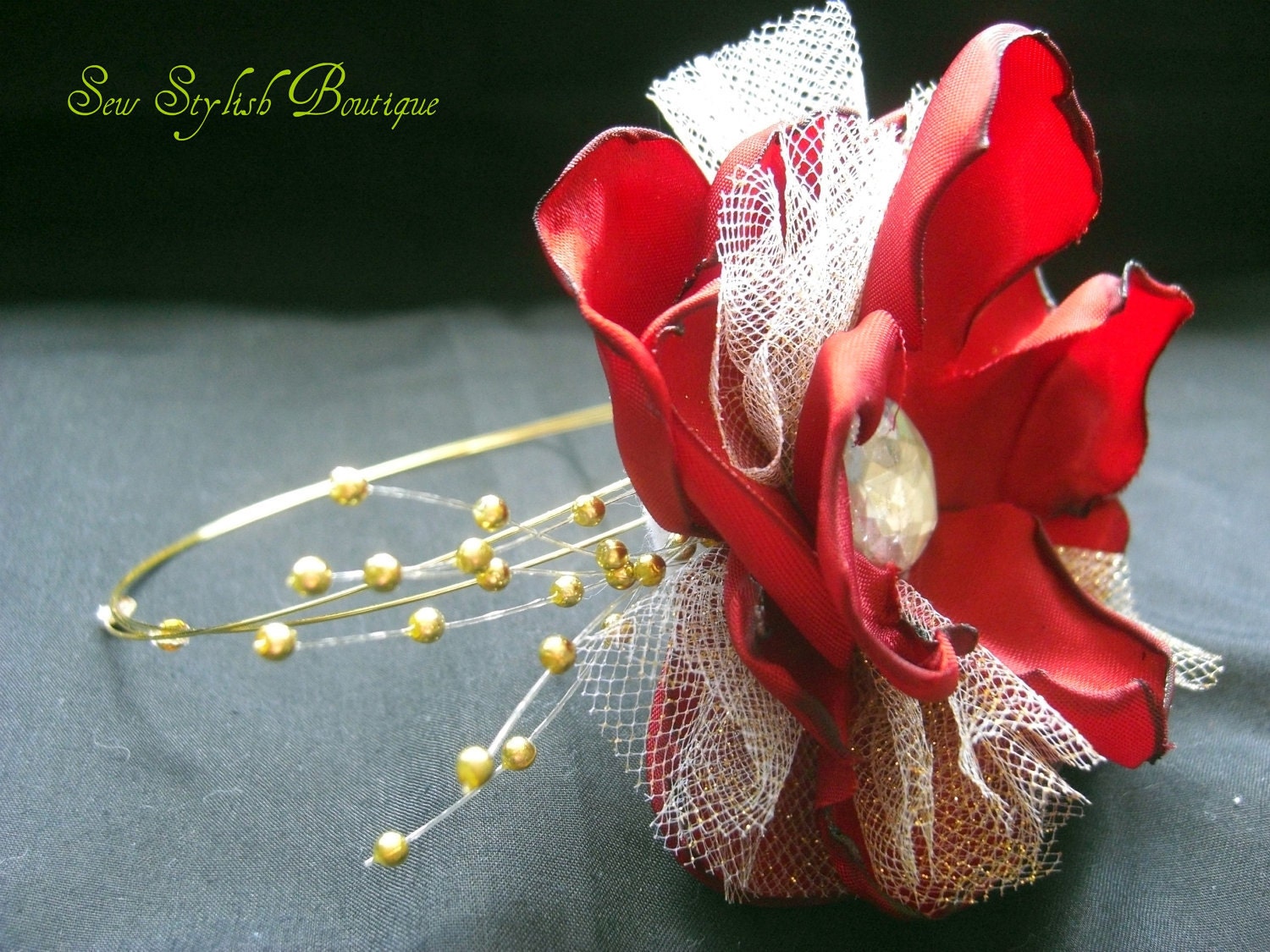Elegant Red and Gold Flower Headband, can also be worn in an up do or as a necklace
