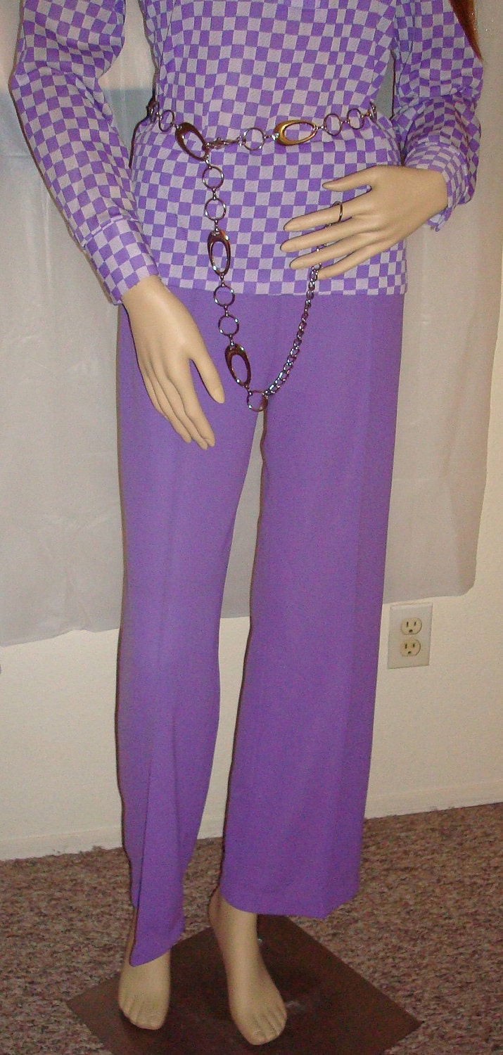 Vintage Sears Purple Polyester Pantsuit and Chain Belt - Vtg Size 12/14