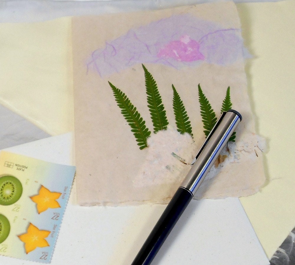 Hand Made Paper Cards--Fern Forest 1--Lavendar Sky with Hot Pink Sun